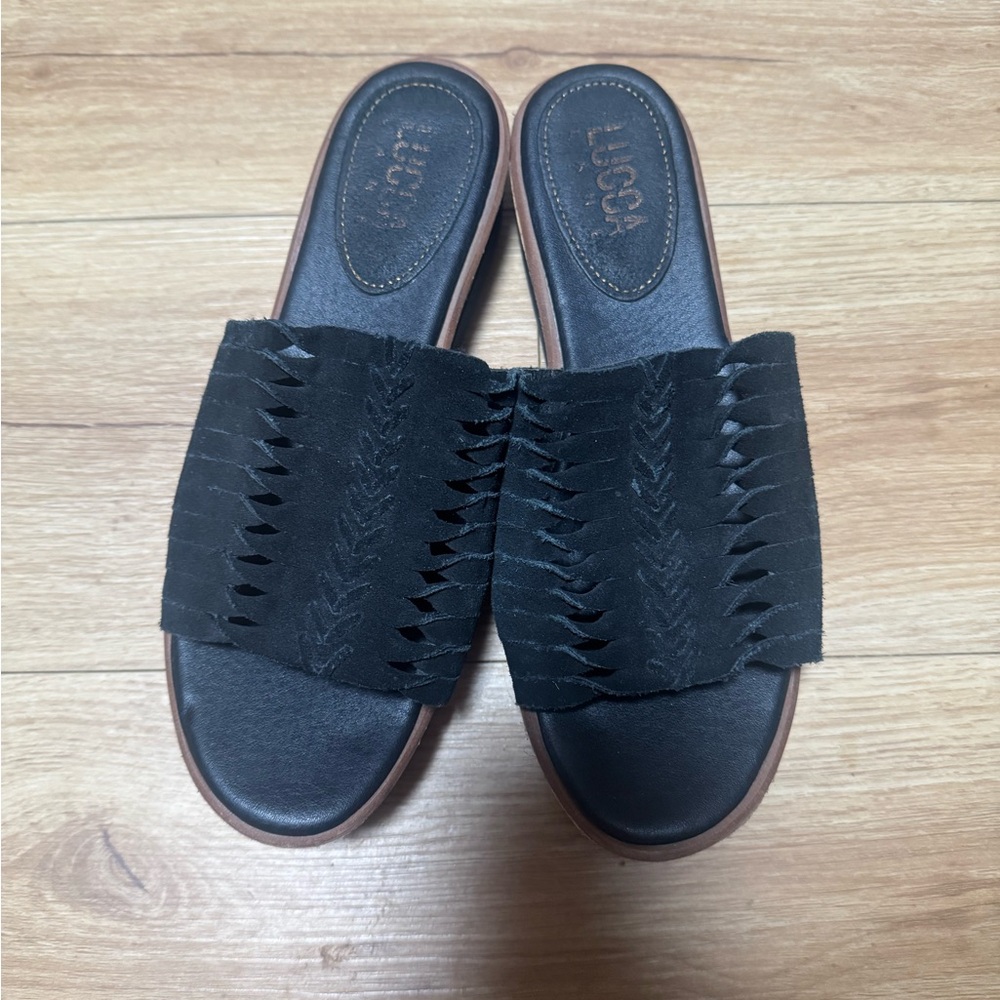 LUCCA Black Woven Slide Sandals for Women